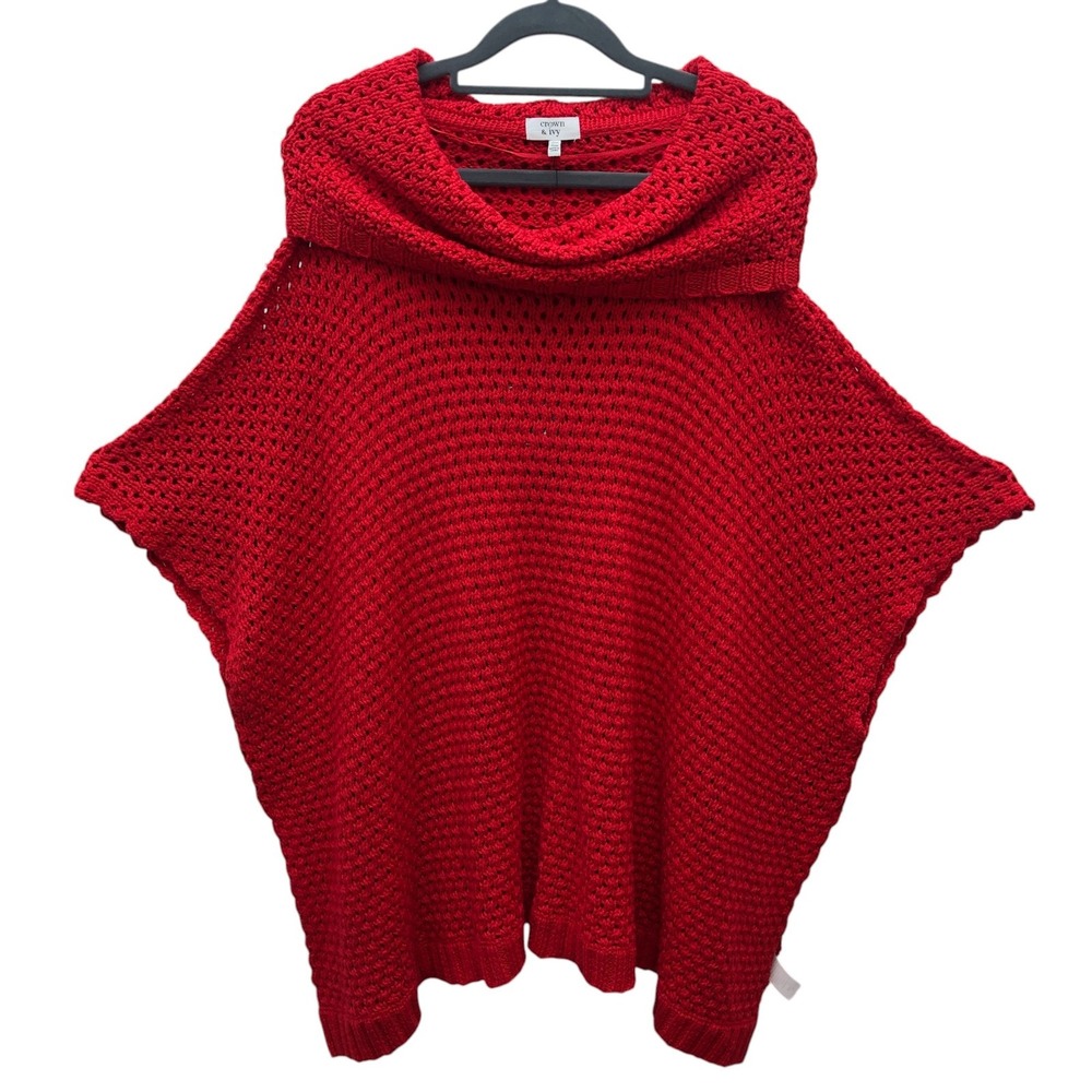 Crown & Ivy Red Open Knit Cowl Neck Poncho Sweater One Size Fall Layering NWT